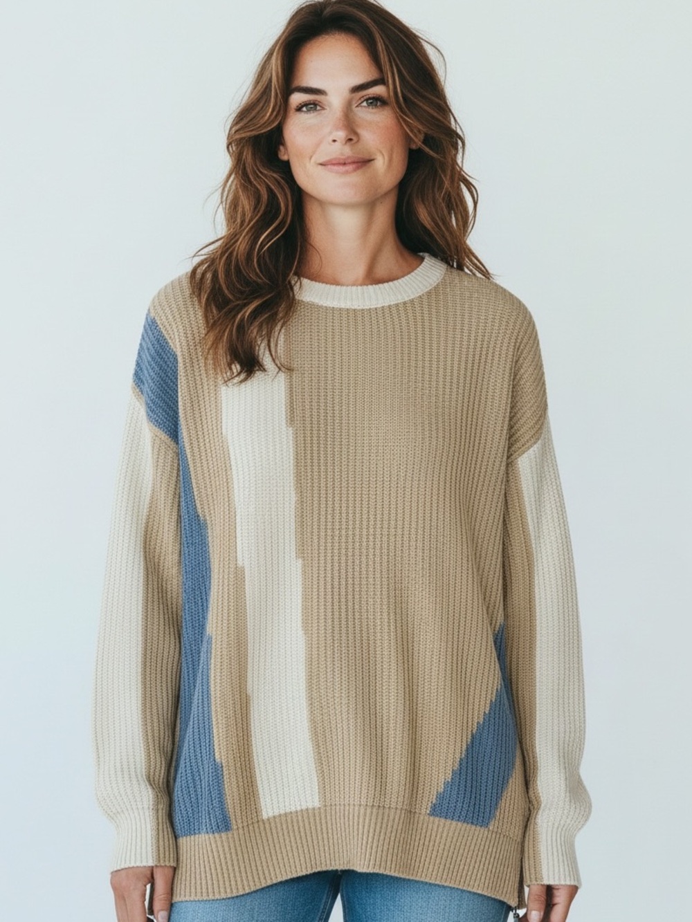 Wrap London Colorblock
Ribbed Knit Sweater Size US 6
Beige Blue Cotton